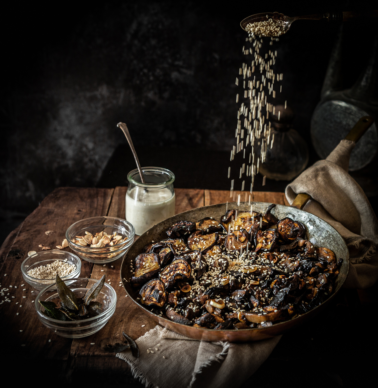 33-Aubergine Mushroom savoury unami dish with garlic and sesame seeds and tahini dressing_Apr20_5157